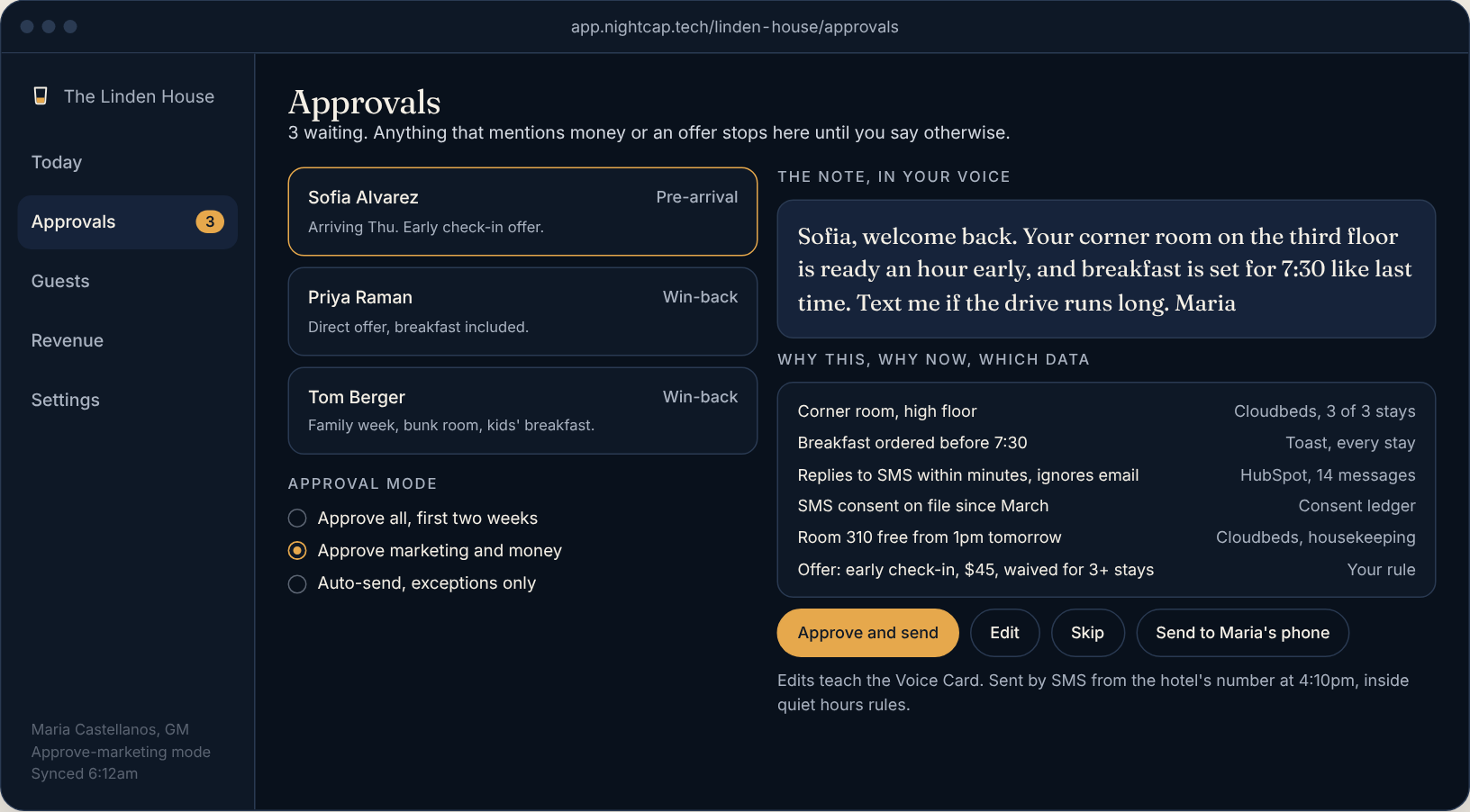 Nightcap console, Approvals screen: the note, and why this, why now, which data